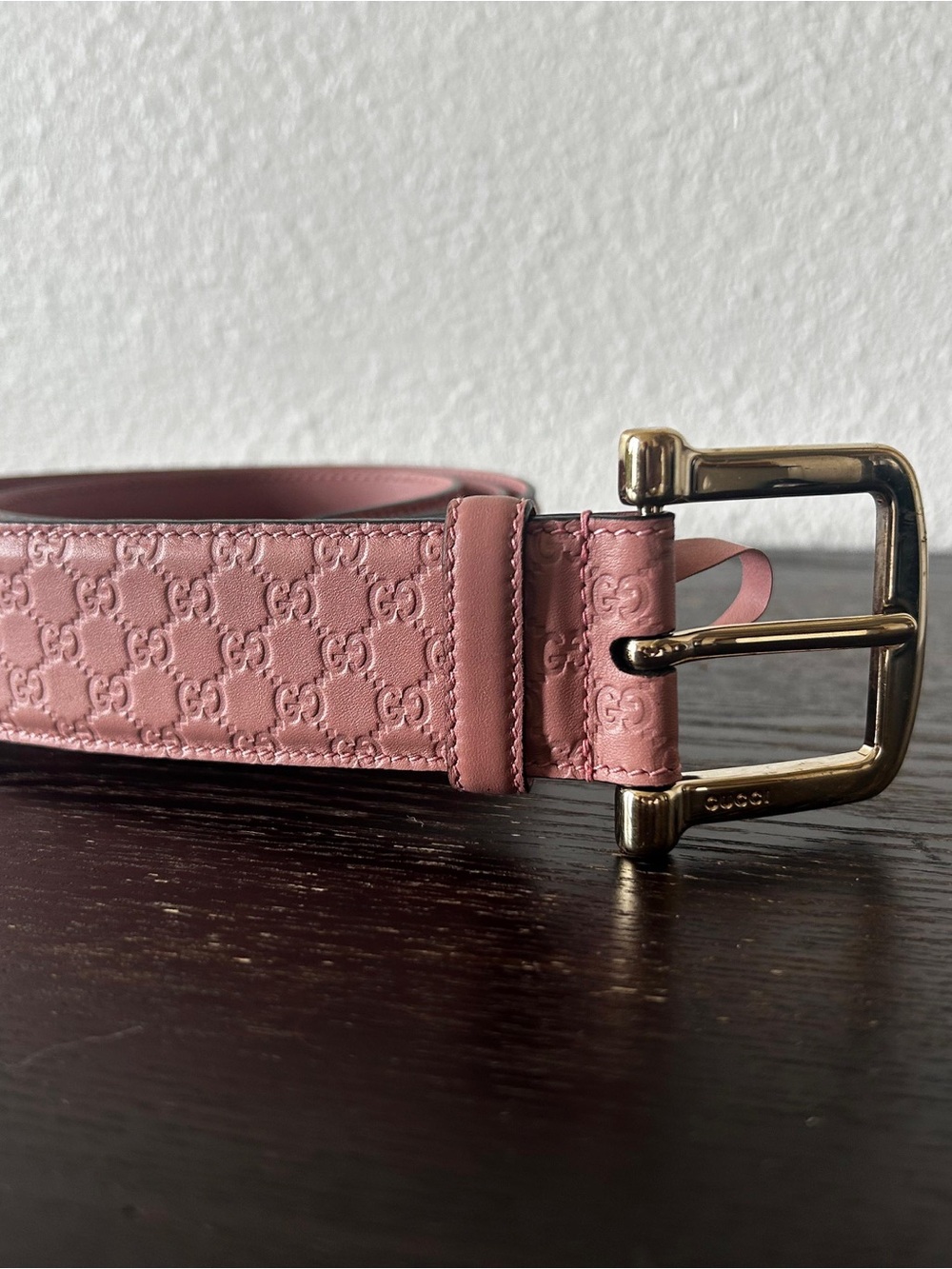 Gucci Pink GG Embossed Leather Belt with Gold-Tone Buckle